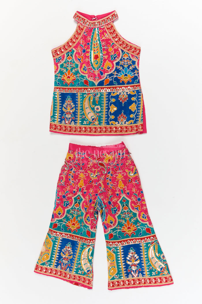 The Nesavu Girls Sharara / Plazo Set Girls Traditional Plazo Set with Mirror Embroidery for Cultural Day and Festive Wear Nesavu 16 (1Y) / Multicolor / Viscose Silk GPS934A-16 Nesavu girls traditional embroidered plazo set with high-neck blouse and dupatta for cultural functions