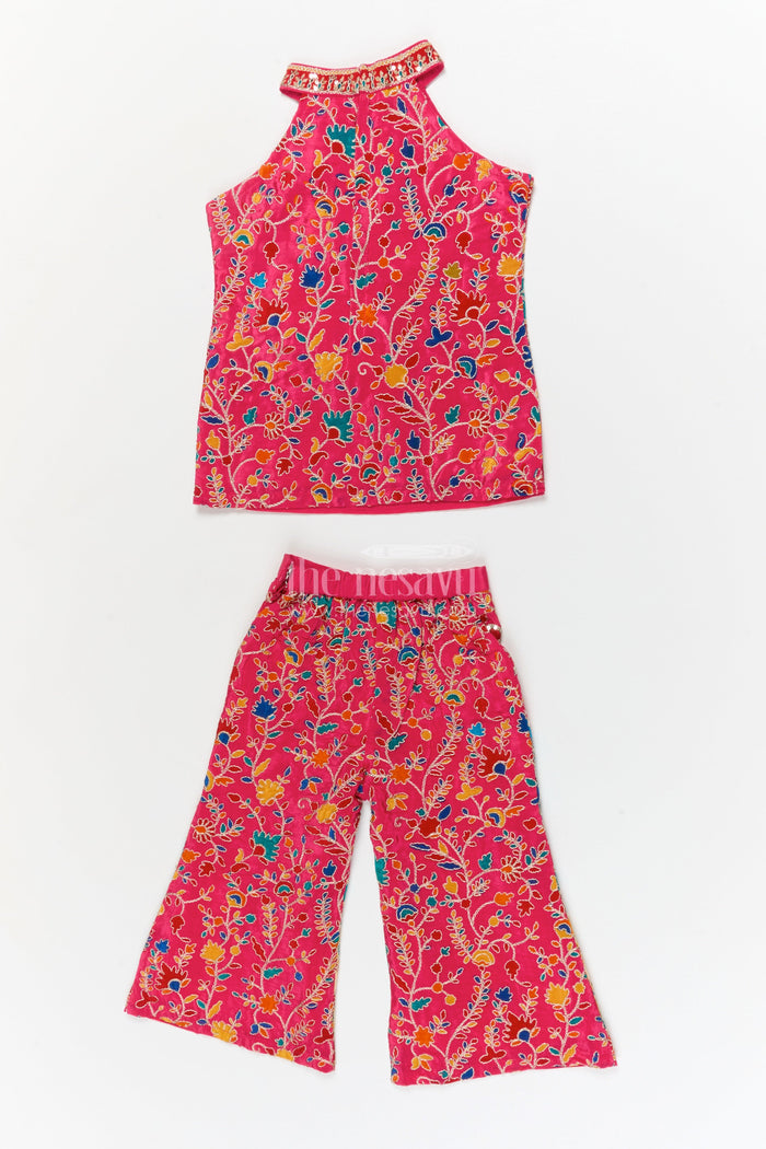 The Nesavu Girls Sharara / Plazo Set Girls Traditional Plazo Set with Mirror Embroidery for Cultural Day and Festive Wear Nesavu Nesavu girls traditional embroidered plazo set with high-neck blouse and dupatta for cultural functions