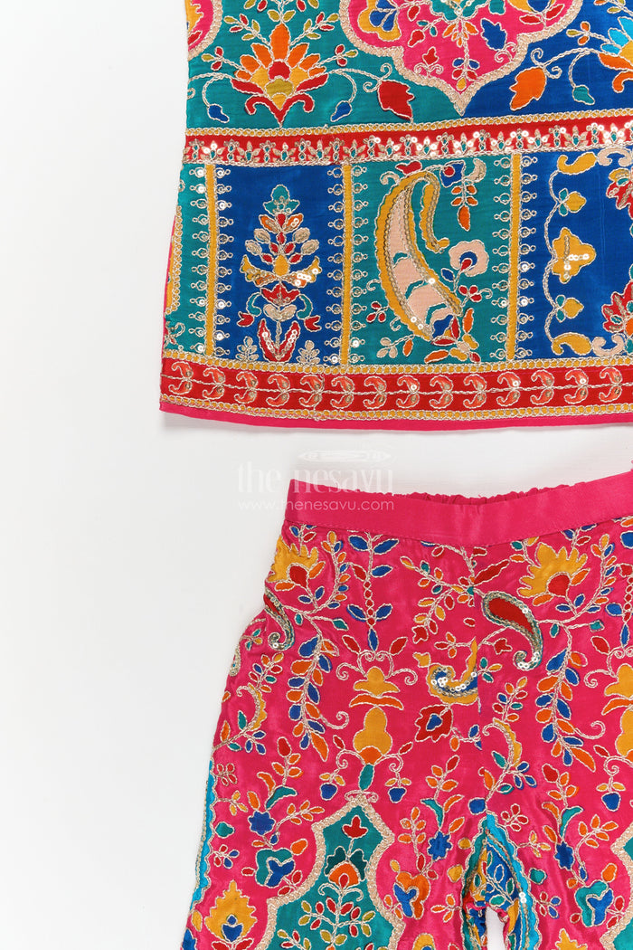The Nesavu Girls Sharara / Plazo Set Girls Traditional Plazo Set with Mirror Embroidery for Cultural Day and Festive Wear Nesavu Nesavu girls traditional embroidered plazo set with high-neck blouse and dupatta for cultural functions