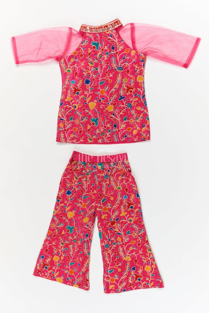 The Nesavu Girls Sharara / Plazo Set Girls Traditional Plazo Set with Mirror Embroidery for Cultural Day and Festive Wear Nesavu Nesavu girls traditional embroidered plazo set with high-neck blouse and dupatta for cultural functions