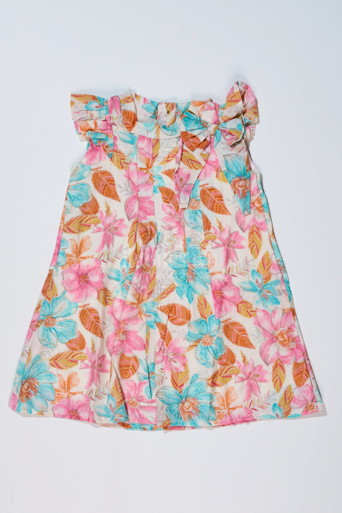 The Nesavu Girls Cotton Frock Girls Trendy Floral Long Frock in Muslin Silk with Elegant Pleats and Bow Detail Nesavu 16 (1Y) / Multicolor GFC1607A-16 Girls Trendy Floral Long Frock Muslin Silk Elegant Pleats Bow | The Nesavu