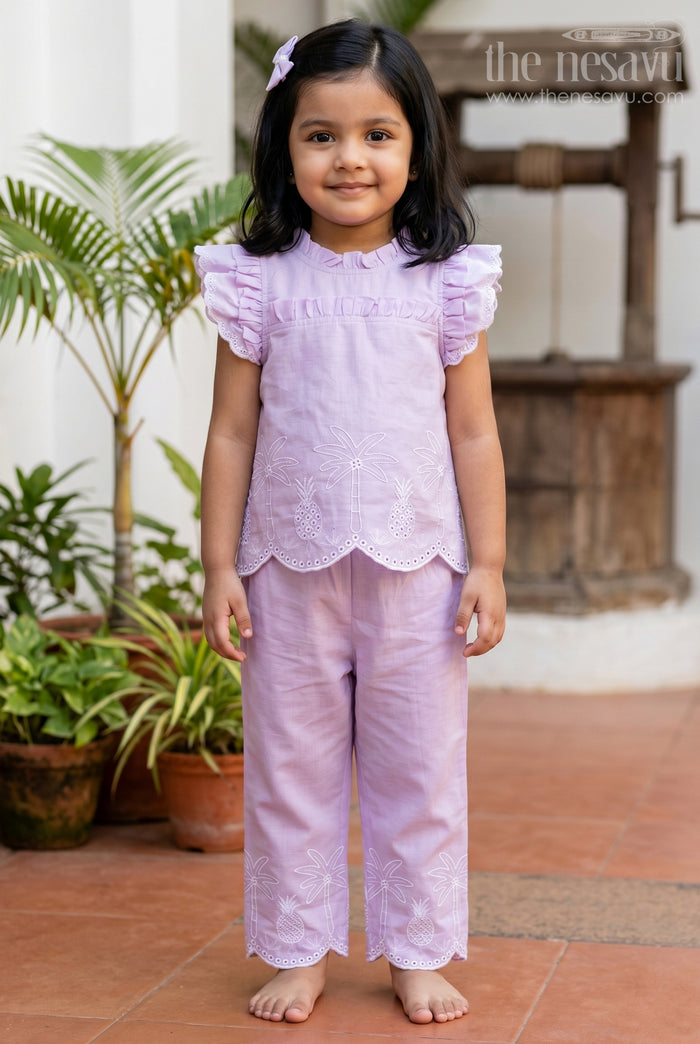 The Nesavu Girls Co-Ord Sets Girls Tropical Co Ord Outfit for Holiday Photo Moments Nesavu 22 (4Y) / Purple / Cotton Blend GCS067B-22 Nesavu Girls Tropical Embroidered Co Ord Outfit With Relaxed Fit Pants For Holiday Outings