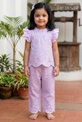 The Nesavu Girls Co-Ord Sets Girls Tropical Co Ord Outfit for Holiday Photo Moments Nesavu 22 (4Y) / Purple / Cotton Blend GCS067B-22 Nesavu Girls Tropical Embroidered Co Ord Outfit With Relaxed Fit Pants For Holiday Outings