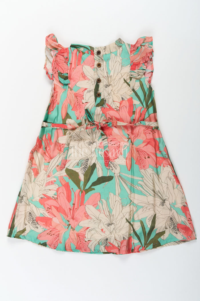 The Nesavu Girls Cotton Frock Girls Viscose Silk Acche Acche Frock with Ruffled Sleeves and Vibrant Red Green Floral Print Nesavu Nesavu Girls Acche Acche Frock Viscose Silk Bold Floral Digital Print Stylish Neck Bow