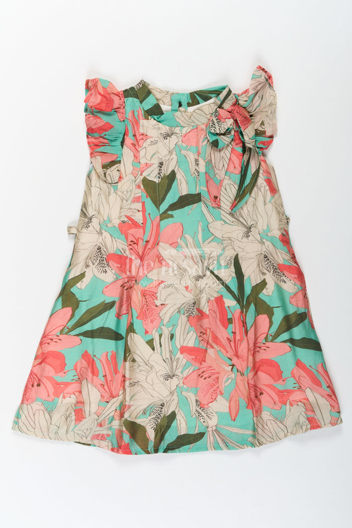The Nesavu Girls Cotton Frock Girls Viscose Silk Acche Acche Frock with Ruffled Sleeves and Vibrant Red Green Floral Print Nesavu 18 (2Y) / Green GFC1663B-18 Girls Acche Acche Frock Viscose Silk Bold Floral Digital Print Stylish Neck Bow | The Nesavu