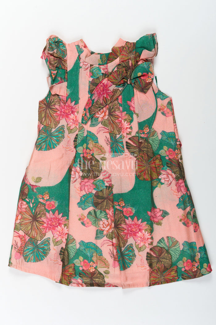 The Nesavu Girls Cotton Frock Girls Viscose Silk Frock Floral Design with Lotus Print and Pleated Details for Comfortable Daywear Nesavu 18 (2Y) / Pink GFC1664A-18 Girls Frock Floral Design Viscose Silk Lotus Motifs Soft Ruffled Sleeves | The Nesavu