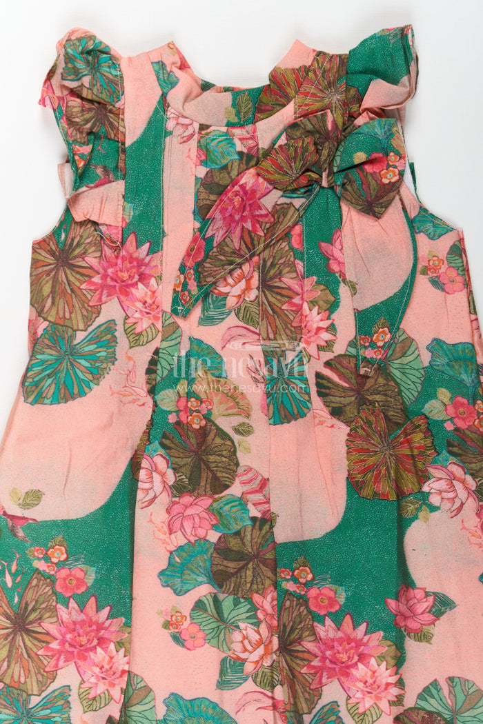 The Nesavu Girls Cotton Frock Girls Viscose Silk Frock Floral Design with Lotus Print and Pleated Details for Comfortable Daywear Nesavu Girls Frock Floral Design Viscose Silk Lotus Motifs Soft Ruffled Sleeves | The Nesavu