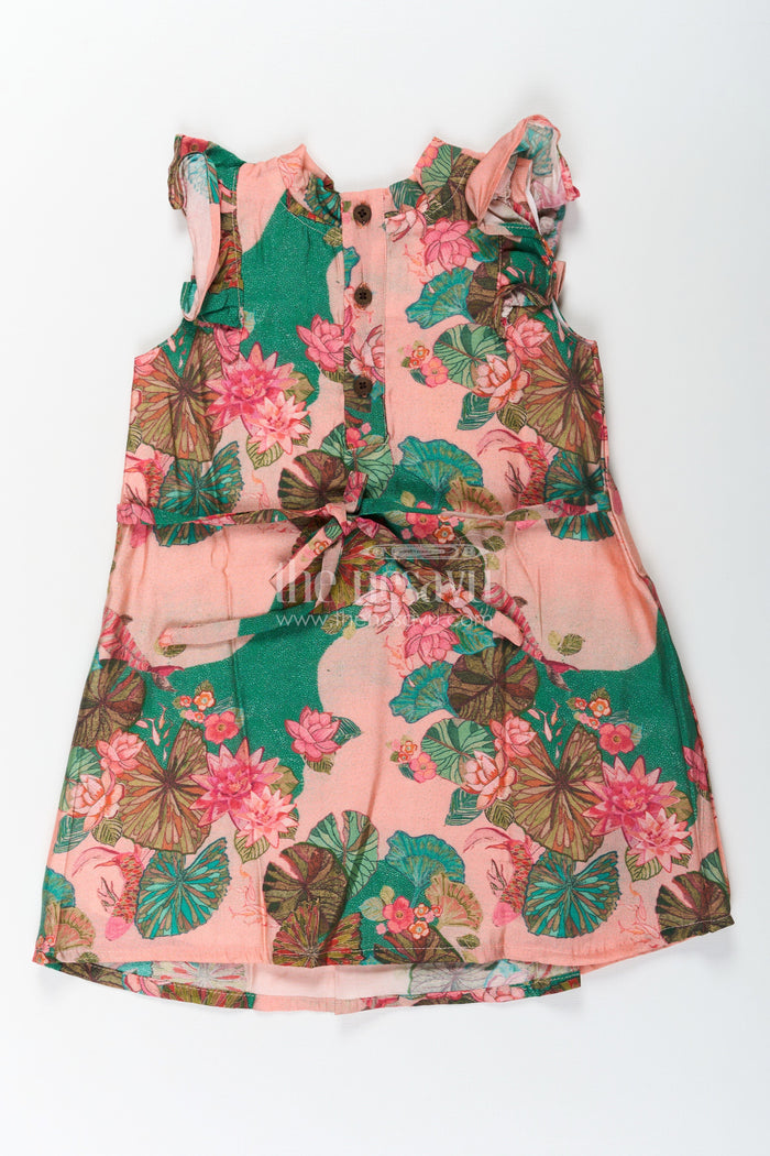 The Nesavu Girls Cotton Frock Girls Viscose Silk Frock Floral Design with Lotus Print and Pleated Details for Comfortable Daywear Nesavu Girls Frock Floral Design Viscose Silk Lotus Motifs Soft Ruffled Sleeves | The Nesavu