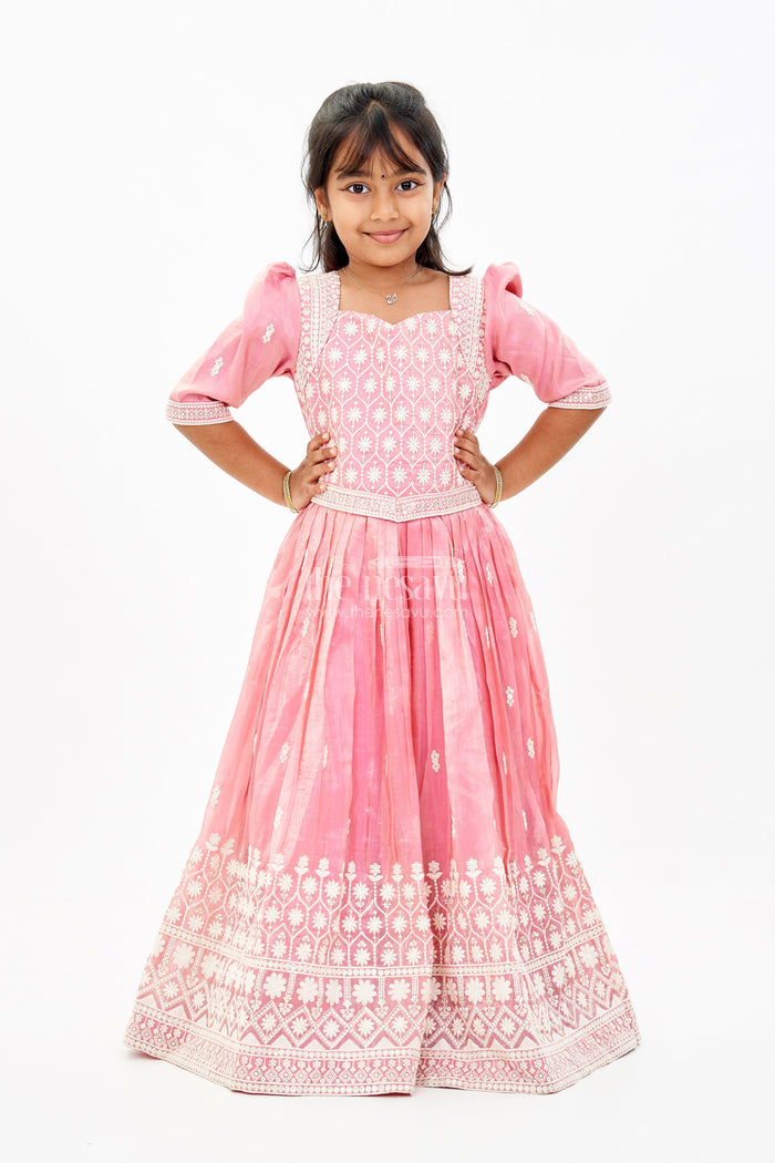 The Nesavu Girls Silk Gown Girls White and Pink Anarkali Dress with Heavy Embroidery and Gold Accents Nesavu Girls White Pink Anarkali Dress Gold Embroidery Elegant Flair | The Nesavu