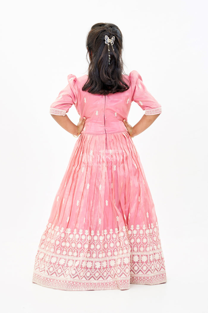 The Nesavu Girls Silk Gown Girls White and Pink Anarkali Dress with Heavy Embroidery and Gold Accents Nesavu Girls White Pink Anarkali Dress Gold Embroidery Elegant Flair | The Nesavu