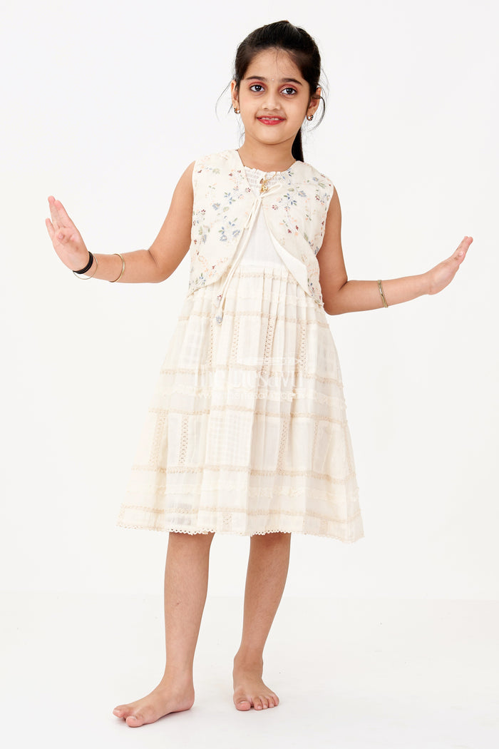 The Nesavu Girls Cotton Frock Girls White Color Frock with Embroidery and Layered Pleats for Graceful Festive Wear Nesavu 22 (4Y) / Cream GFC1645A-22 Girls White Color Cotton Frock Embroidery Layered Pleats Festive Wear | The Nesavu