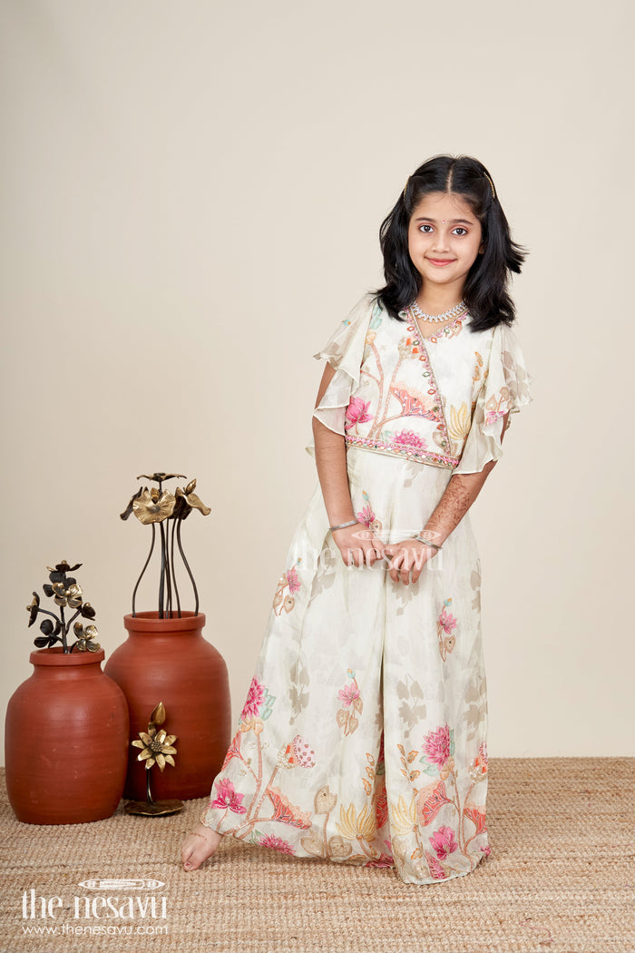 The Nesavu Girls white floral sharara set with puff sleeve blouse for birthdays and events Nesavu Nesavu girls white floral printed sharara set puff sleeve top  perfect festive birthdays family functions