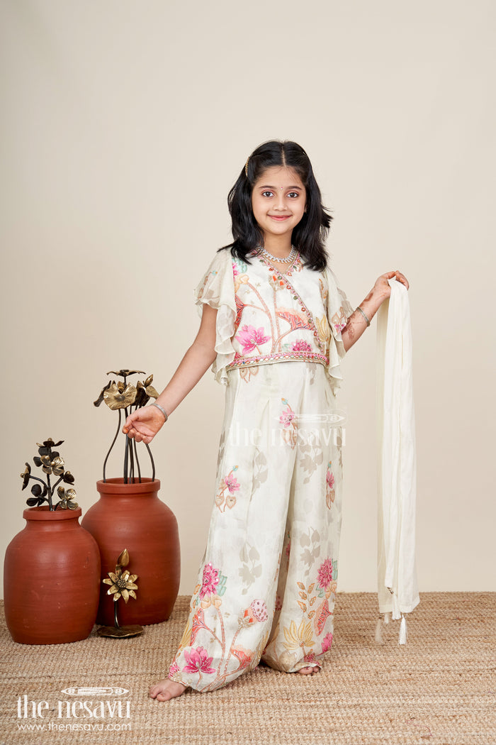 The Nesavu Girls white floral sharara set with puff sleeve blouse for birthdays and events Nesavu Nesavu girls white floral printed sharara set puff sleeve top  perfect festive birthdays family functions