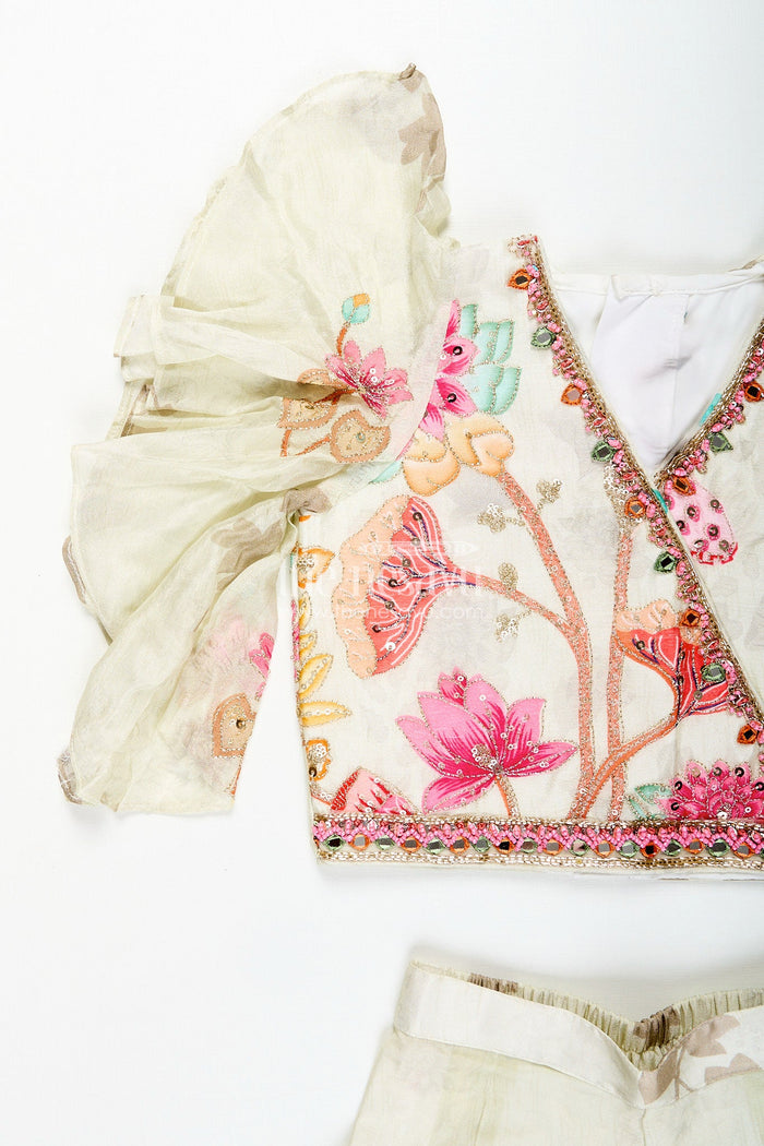The Nesavu Girls white floral sharara set with puff sleeve blouse for birthdays and events Nesavu Nesavu girls white floral printed sharara set puff sleeve top  perfect festive birthdays family functions