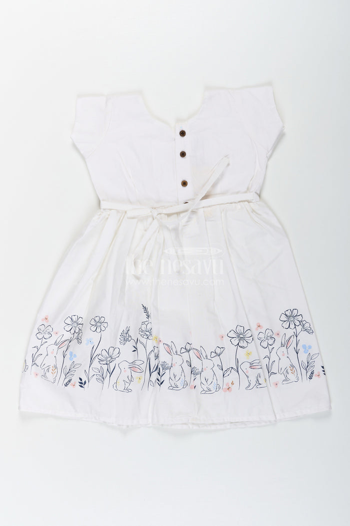 The Nesavu Girls Cotton Frock Girls White Frock Dress in Cotton with Digital Bunny Border and Pintuck Front Panel Nesavu Nesavu Girls White Frock Dress Cotton Digital Bunny Floral Border Pintuck Front