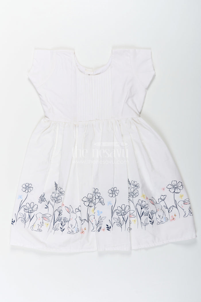 The Nesavu Girls Cotton Frock Girls White Frock Dress in Cotton with Digital Bunny Border and Pintuck Front Panel Nesavu 20 (3Y) / White GFC1661A-20 Girls White Frock Dress Cotton Digital Bunny Floral Border Pintuck Front | The Nesavu