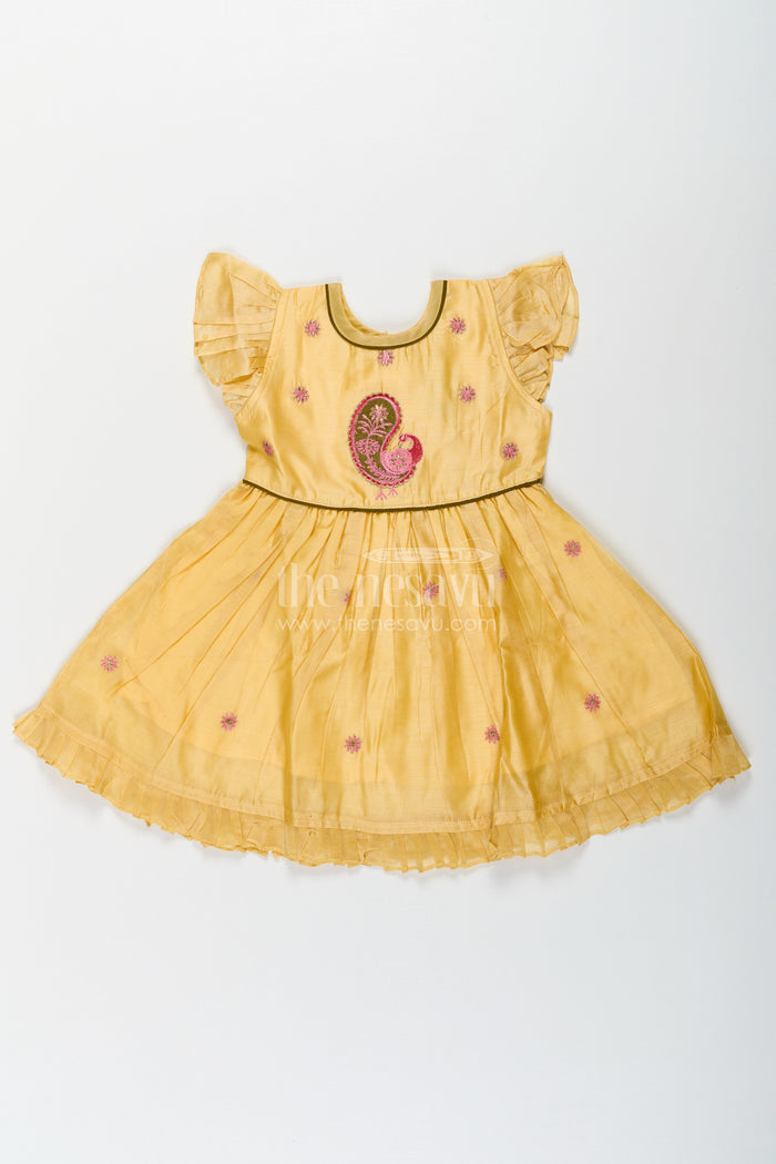 The Nesavu Girls Chanderi Frock Girls Yellow Chanderi Simple Frocks Designs with Paisley Embroidery and Soft Ruffles Nesavu 16 (1Y) / Yellow GFC1683A-16 Nesavu Yellow Chanderi Simple Frocks Designs Paisley Embroidery Girls