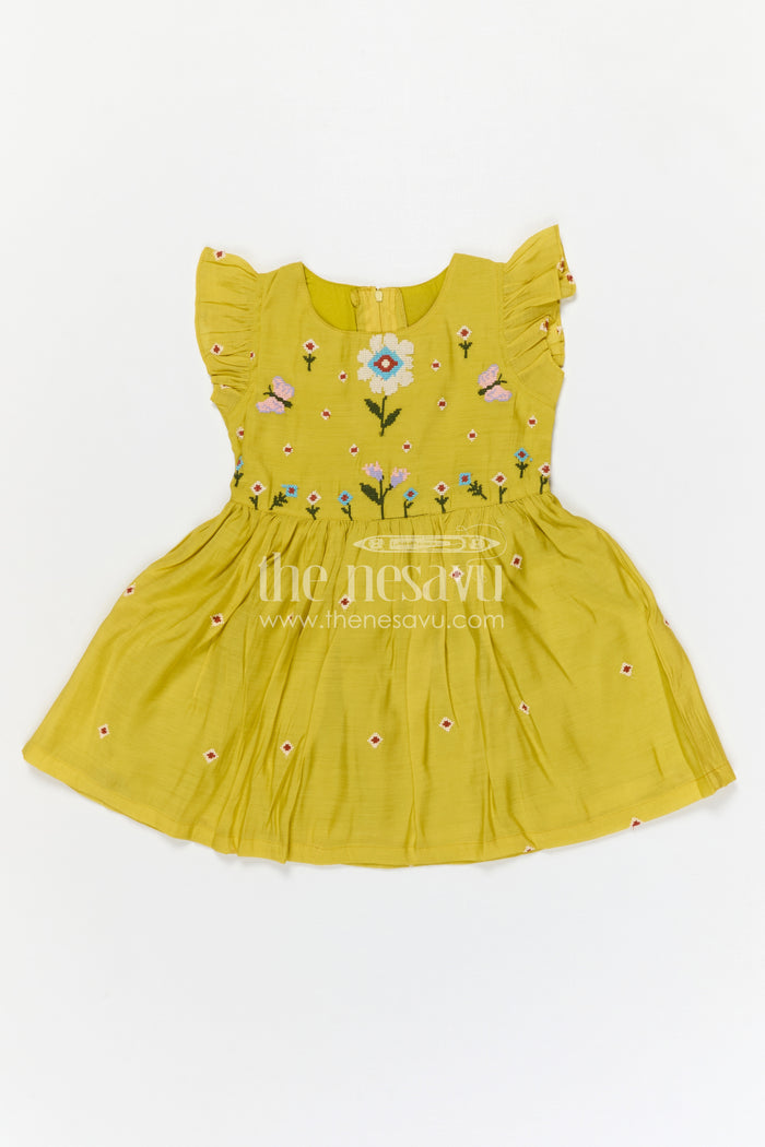 The Nesavu Girls Cotton Frock Girls Yellow Cotton Frock with Embroidery for Summer and Daily Wear Nesavu Nesavu girls yellow cotton frock with embroidery for summer casual wear