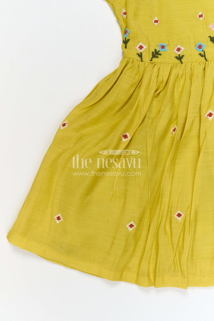 The Nesavu Girls Cotton Frock Girls Yellow Cotton Frock with Embroidery for Summer and Daily Wear Nesavu Nesavu girls yellow cotton frock with embroidery for summer casual wear