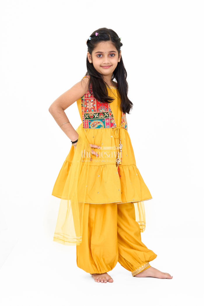 The Nesavu Girls Sharara / Plazo Set Girls Yellow Georgette Suit Set with Embellished Ethnic Jacket and Matching Dupatta Nesavu Nesavu Girls Yellow Georgette Suit Set Embroidered Jacket Dupatta Festive Wear