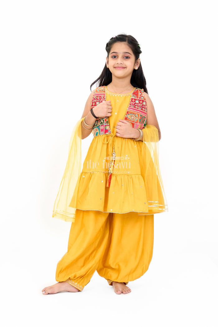 The Nesavu Girls Sharara / Plazo Set Girls Yellow Georgette Suit Set with Embellished Ethnic Jacket and Matching Dupatta Nesavu Nesavu Girls Yellow Georgette Suit Set Embroidered Jacket Dupatta Festive Wear