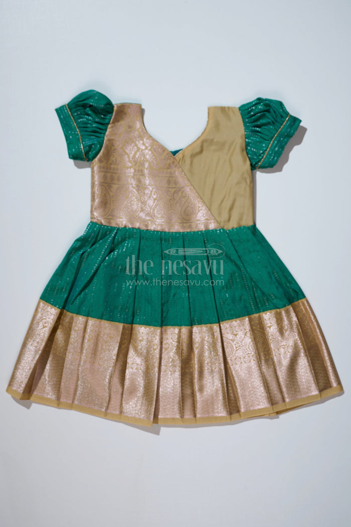 The Nesavu Girls Kanchi Silk Frock Graceful Green Silk Dress for Girls with Kanchipuram Inspired Fabric and Gold Zari Pleated Border Nesavu 18 (2Y) / Green / Style 2 SF823CB-18 Nesavu Green Silk Dress Girls Kanchipuram Inspired Fabric Gold Zari Pleated Border