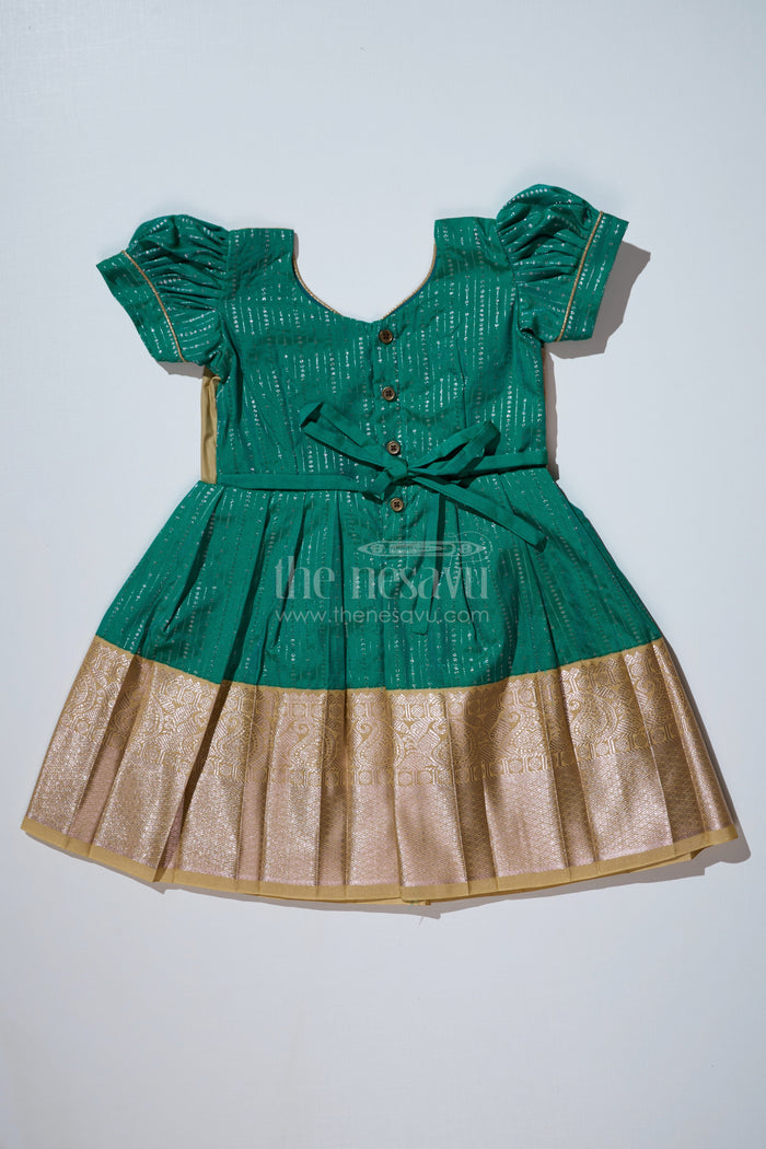 The Nesavu Girls Kanchi Silk Frock Graceful Green Silk Dress for Girls with Kanchipuram Inspired Fabric and Gold Zari Pleated Border Nesavu Green Silk Dress Girls Kanchipuram Inspired Fabric Gold Zari Pleated Border | The Nesavu