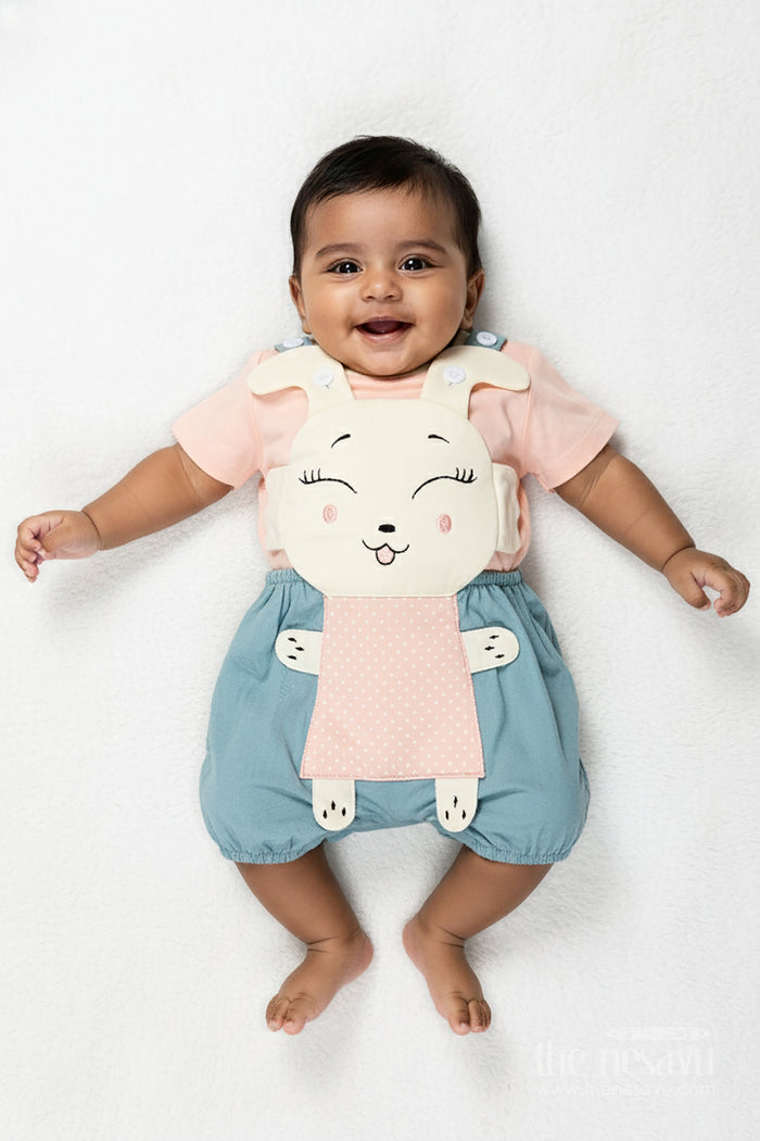 The Nesavu Boys Casual Set Green Casual Dress Set for Boys in Cotton with Playful Bunny Applique and Contrast Peach Tee Nesavu 14 (6M) / Green BCS302A-14 Nesavu Green Casual Dress Set Boys Cotton Bunny Applique Peach Tee