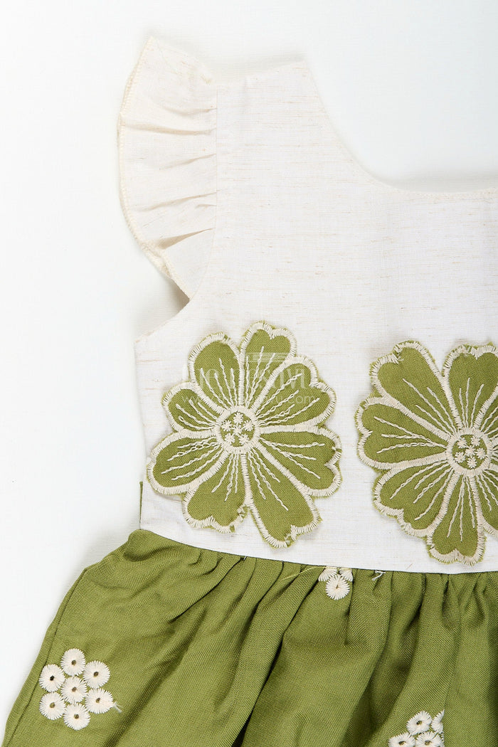 The Nesavu Girls Cotton Frock Green cotton frock for girls with white floral embroidery Nesavu Nesavu green cotton frock for girls with contrast yoke and white floral embroidery
