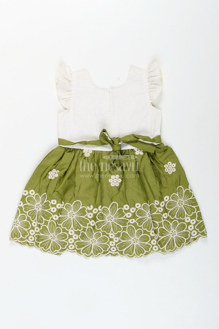 The Nesavu Girls Cotton Frock Green cotton frock for girls with white floral embroidery Nesavu Nesavu green cotton frock for girls with contrast yoke and white floral embroidery