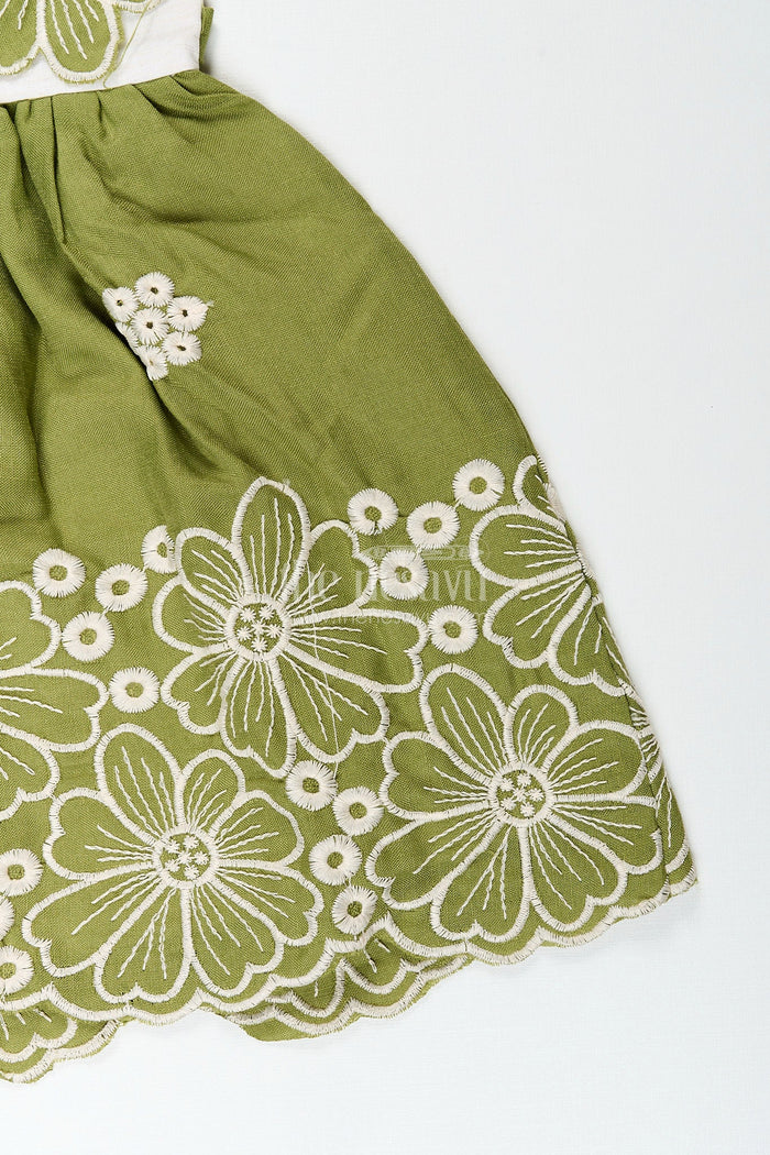The Nesavu Girls Cotton Frock Green cotton frock for girls with white floral embroidery Nesavu Nesavu green cotton frock for girls with contrast yoke and white floral embroidery