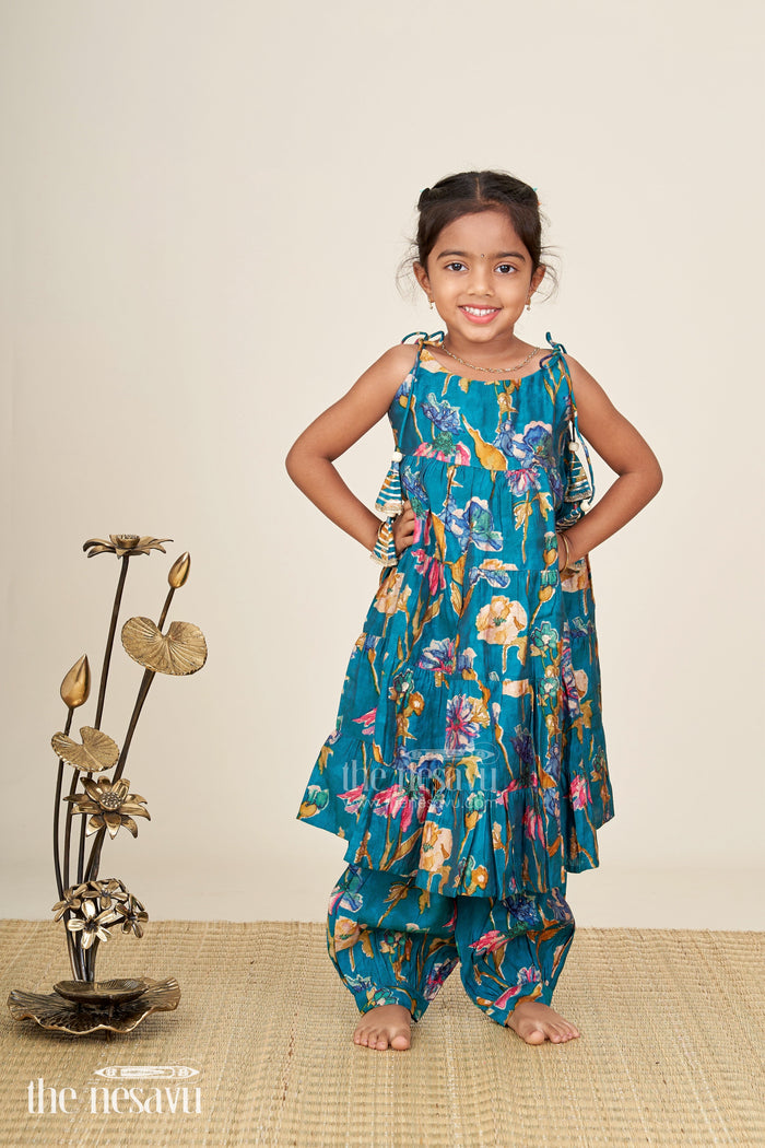 The Nesavu Girls Sharara / Plazo Set Green floral sharara set for toddler girls for ethnic family gatherings Nesavu Nesavu girls green floral cotton sharara set with printed flare kurti for casual festive wear