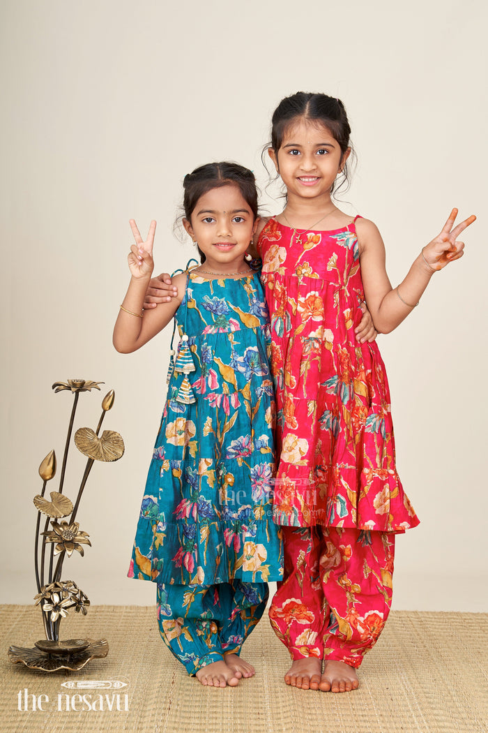 The Nesavu Girls Sharara / Plazo Set Green floral sharara set for toddler girls for ethnic family gatherings Nesavu Nesavu girls green floral cotton sharara set with printed flare kurti for casual festive wear