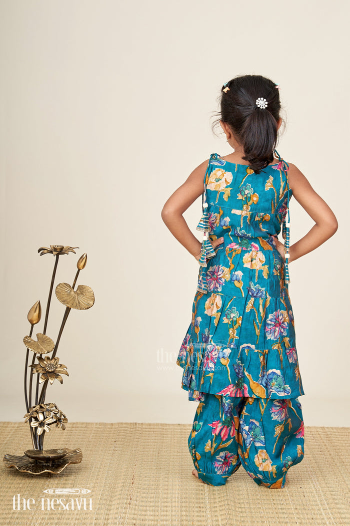 The Nesavu Girls Sharara / Plazo Set Green floral sharara set for toddler girls for ethnic family gatherings Nesavu Nesavu girls green floral cotton sharara set with printed flare kurti for casual festive wear