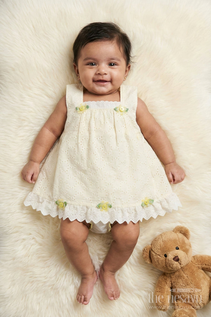 The Nesavu Baby Cotton Frocks Hakoba Frock with Bloomers for Baby Girl’s First Birthday or Outing Nesavu 14 (6M) / Yellow / Cotton Blend BFJ915B-14 Nesavu hakoba frock with bloomers for baby girl’s birthday, gifting or special milestones