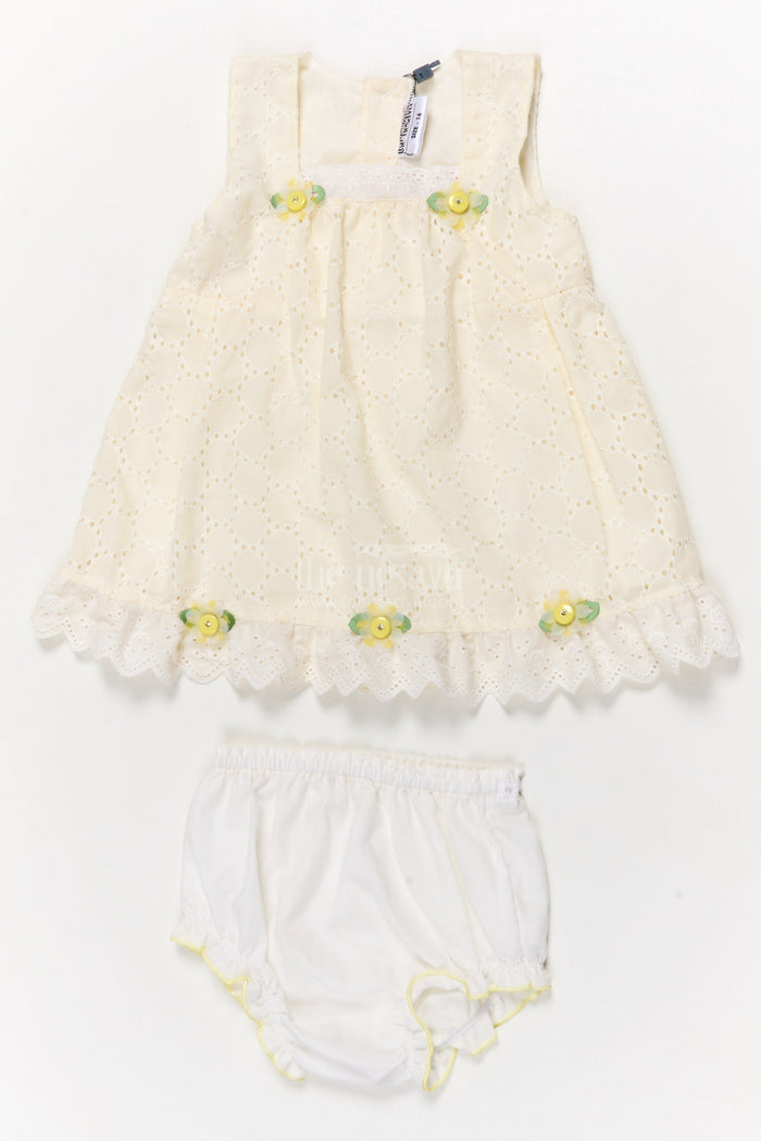 The Nesavu Baby Cotton Frocks Hakoba Frock with Bloomers for Baby Girl’s First Birthday or Outing Nesavu 14 (6M) / Yellow / Cotton Blend BFJ915B-14 Nesavu hakoba frock with bloomers for baby girl’s birthday, gifting or special milestones
