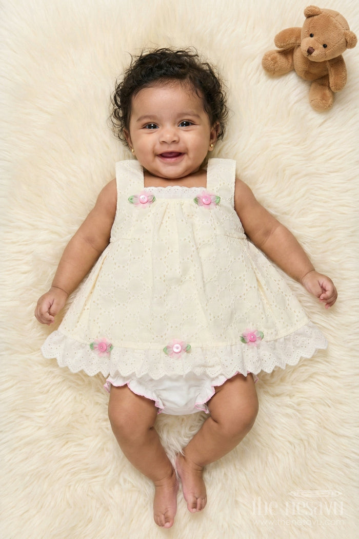 The Nesavu Baby Cotton Frocks Hakoba Frock with Bloomers for Baby Girls’ First Outings Nesavu 14 (6M) / Yellow / Cotton Blend BFJ915A-14 Nesavu baby hakoba frock with floral details and bloomers for first outings and gifting