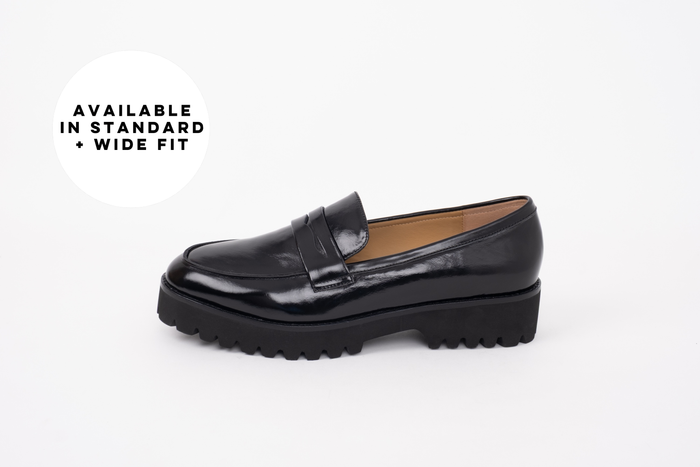 Wide fit womens large sized black leather chunky loafer in sizes 42 43 44 45 46