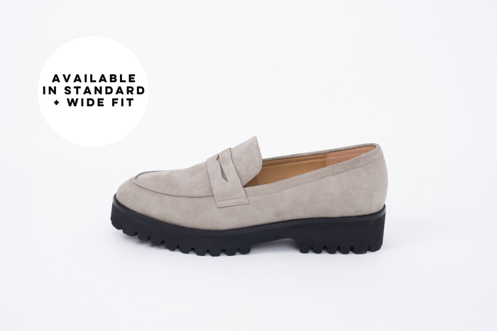 Wide fit large size womens taupe suede chunky loafer in sizes 8 9 10 11 12