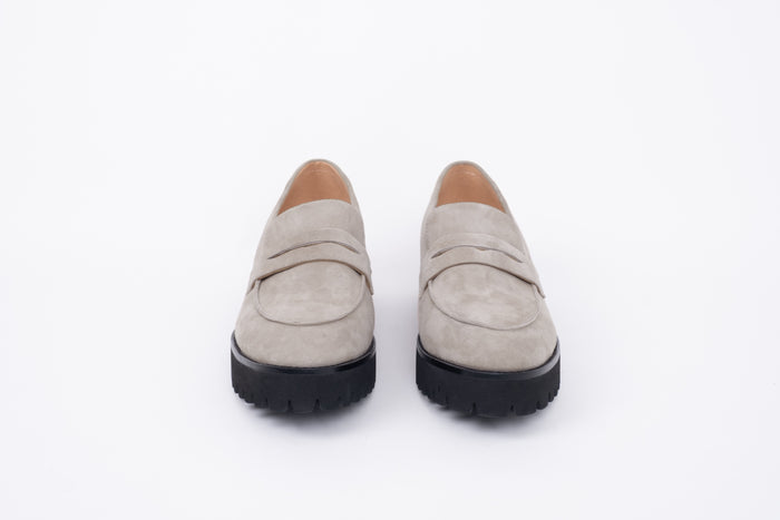 front shot of womens taupe suede chunky loafer available in sizes 8 9 10 11 12
