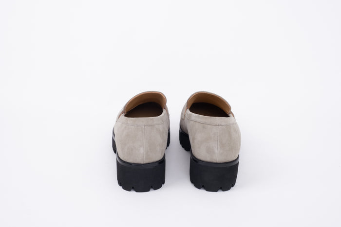 Back shot of womens large sized taupe suede chunky loafer available in sizes 8 9 10 11 12 standard and wide fit