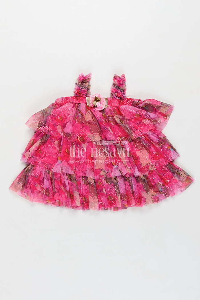 The Nesavu Baby Fancy Frock Infant Apparel Pink Baby Fancy Frock with Floral Digital Print and Layered Ruffles in Soft Net Fabric Nesavu 14 (6M) / Pink BFJ799A-14 Nesavu Infant Apparel Pink Ruffled Baby Frock Soft Net Floral Digital Prints Special Occasions