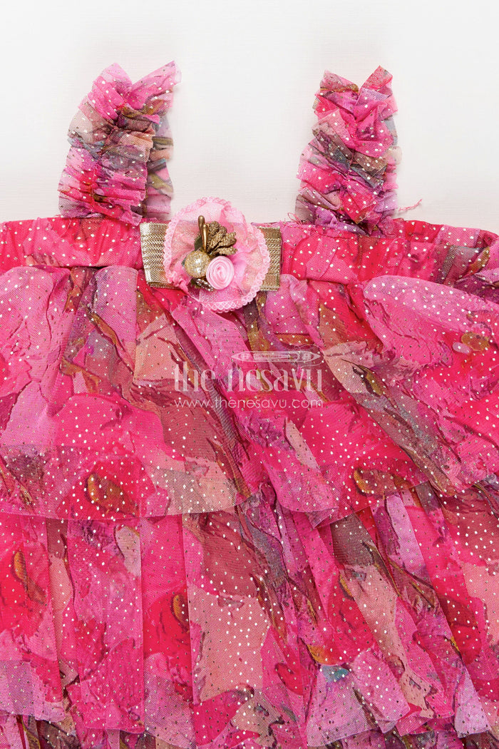 The Nesavu Baby Fancy Frock Infant Apparel Pink Baby Fancy Frock with Floral Digital Print and Layered Ruffles in Soft Net Fabric Nesavu Nesavu Infant Apparel Pink Ruffled Baby Frock Soft Net Floral Digital Prints Special Occasions