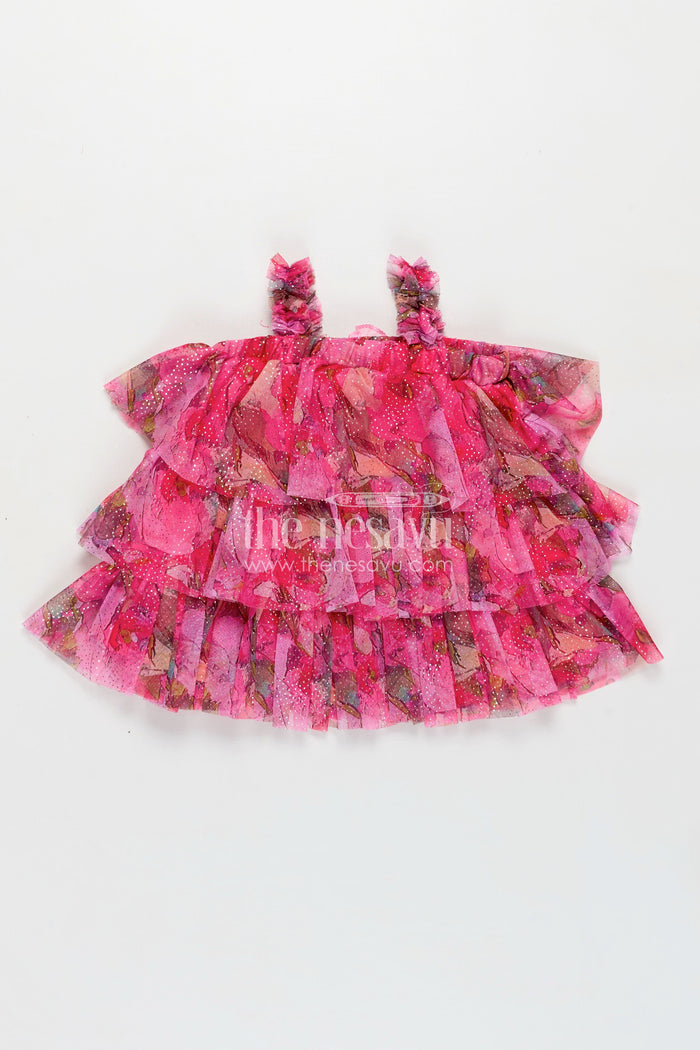 The Nesavu Baby Fancy Frock Infant Apparel Pink Baby Fancy Frock with Floral Digital Print and Layered Ruffles in Soft Net Fabric Nesavu Nesavu Infant Apparel Pink Ruffled Baby Frock Soft Net Floral Digital Prints Special Occasions