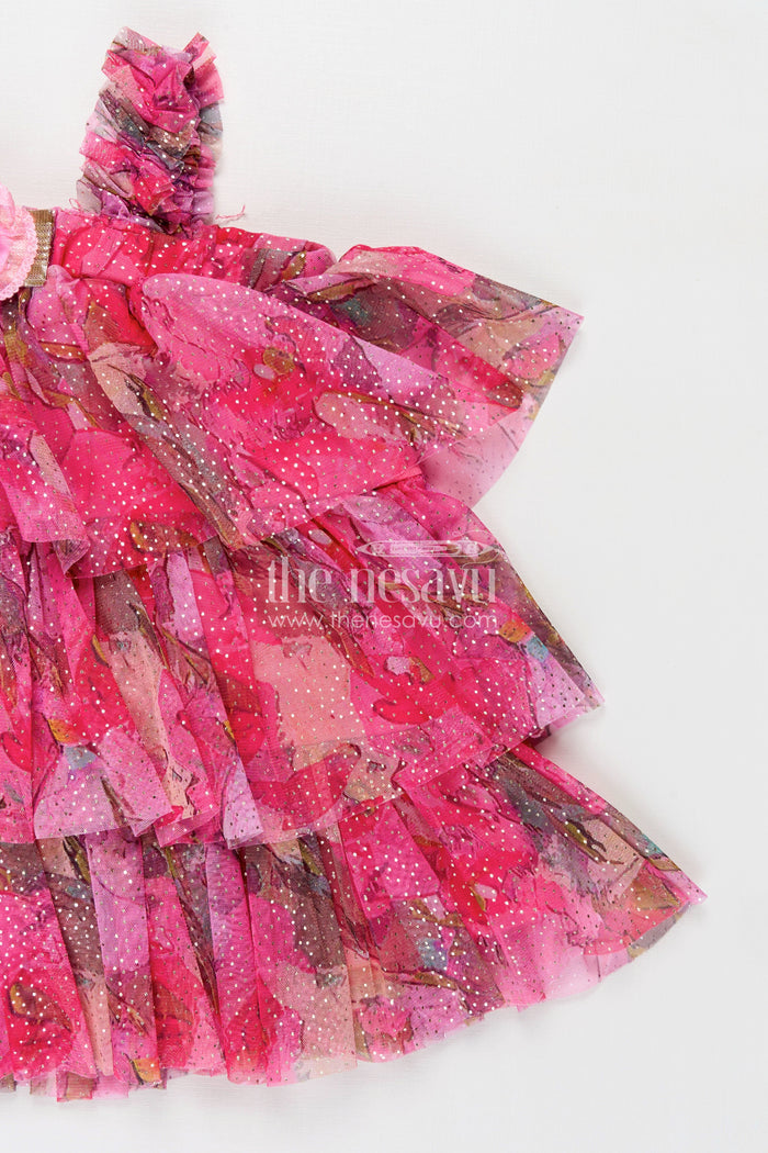 The Nesavu Baby Fancy Frock Infant Apparel Pink Baby Fancy Frock with Floral Digital Print and Layered Ruffles in Soft Net Fabric Nesavu Nesavu Infant Apparel Pink Ruffled Baby Frock Soft Net Floral Digital Prints Special Occasions