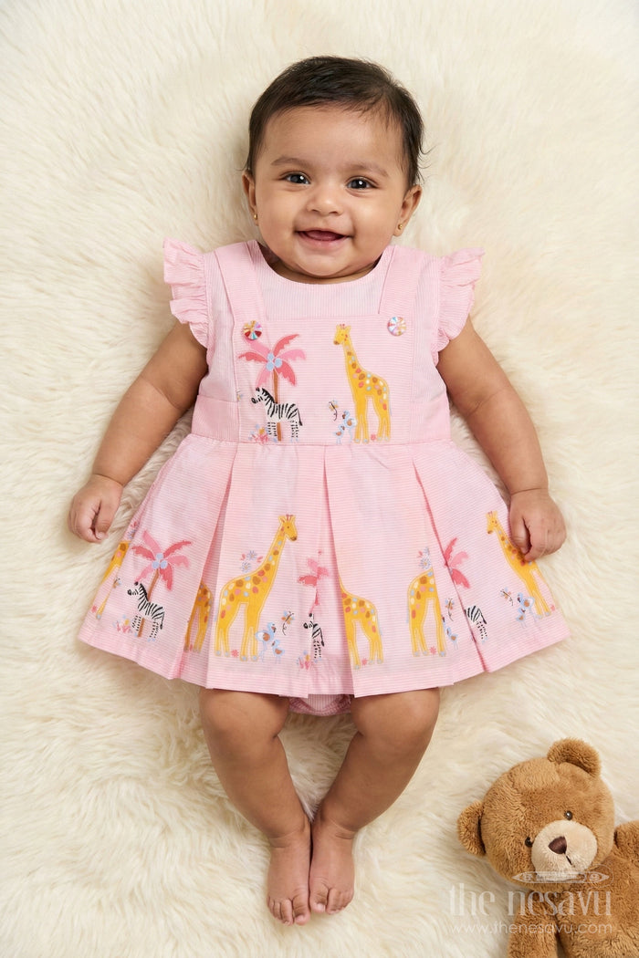 The Nesavu Baby Cotton Frocks Infant Cotton Frock with Animal Print for Casual Daywear Nesavu 16 (1Y) / Peach / Cotton Blend BFJ914B-16 Nesavu infant cotton frock with matching bloomer and safari print for casual wear
