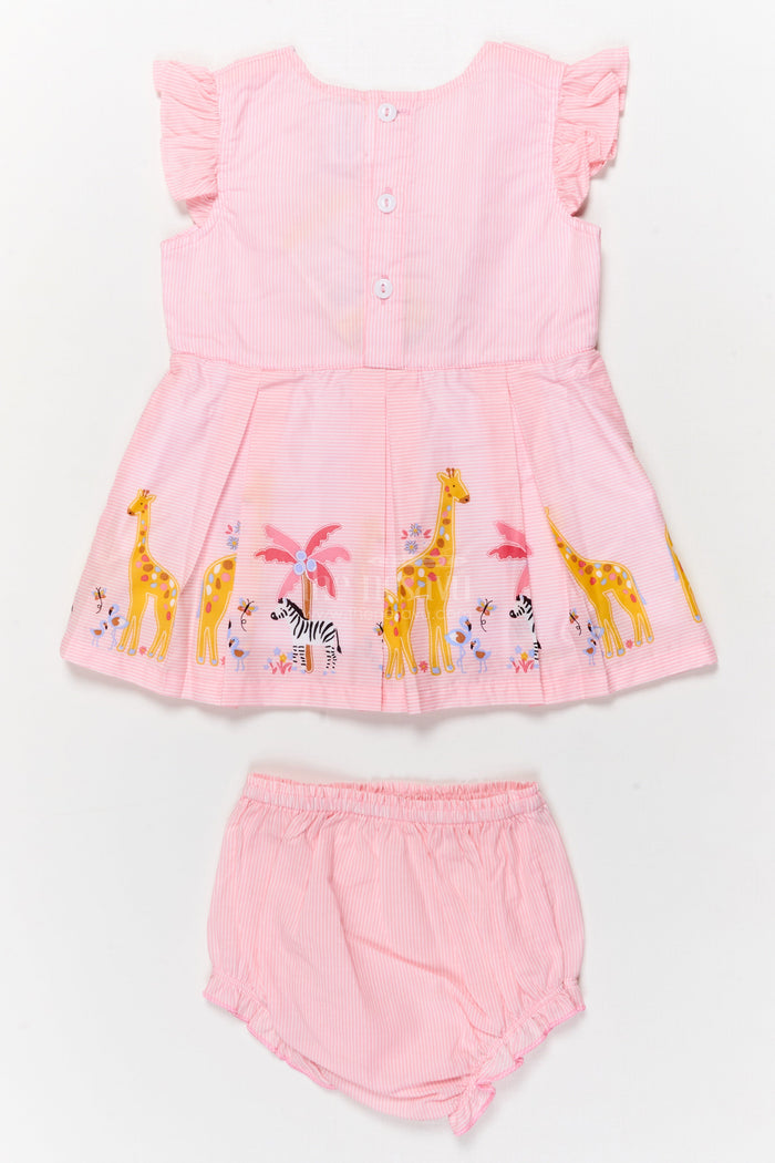 The Nesavu Baby Cotton Frocks Infant Cotton Frock with Animal Print for Casual Daywear Nesavu Nesavu infant cotton frock with matching bloomer and safari print for casual wear