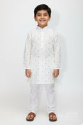 The Nesavu Boys Kurtha Set Ivory Chanderi Kurta Set for Boys with Mirror Work for Special Occasions Nesavu 16 (1Y) / Half white BES755B-16 Nesavu Boys Ivory Chanderi Kurta Set Mirror Work Ethnic Festive Wear Toddlers