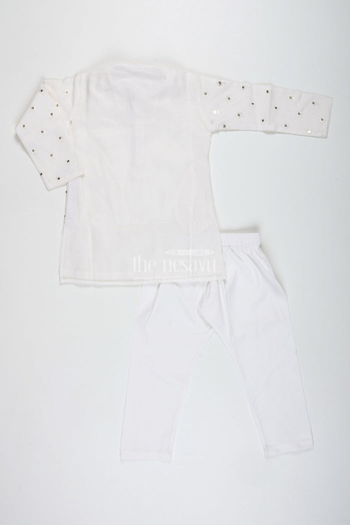 The Nesavu Boys Kurtha Set Ivory Chanderi Kurta Set for Boys with Mirror Work for Special Occasions Nesavu Nesavu Boys Ivory Chanderi Kurta Set Mirror Work Ethnic Festive Wear Toddlers