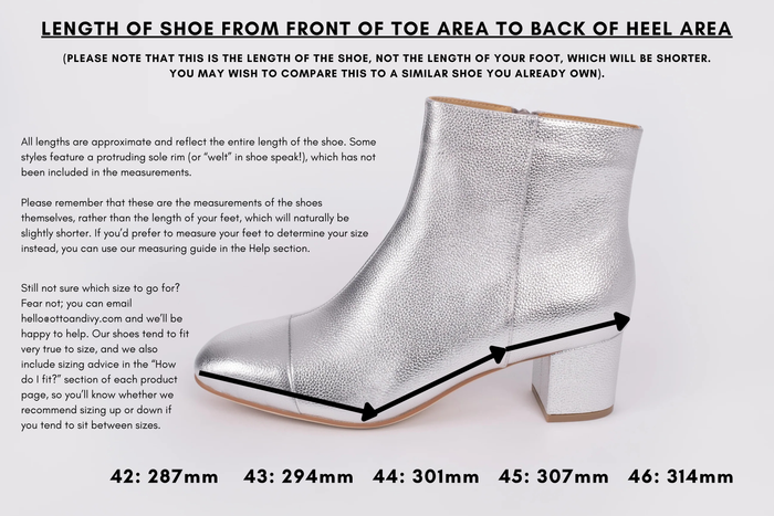 Measurement diagram displaying lengths of womens large size shoes in sizes 42,43,44,45 and 46.